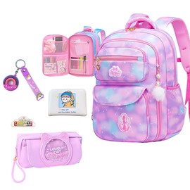 dKargo 5Pcs Backpacks for Girls Purple Kids School Bag for Girls Laptop Bag Shoulders Bookbag for Students Teen Kids Daypacks Casual Travel Bag (Purple)