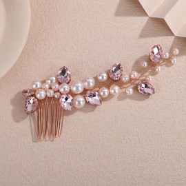 Rumtock Pink Crystal Branch Side Headpiece Handmade Rose Gold Hair Comb for Wedding Brides Banquet Prom Women Hair Accessories (Pink)