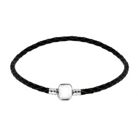 Andante-Stones Silver Braided Leather Bracelet (Black) with Clip Clasp (21 cm) for European Beads + Organza Pouch, 21 cm, Leather, Without Stone
