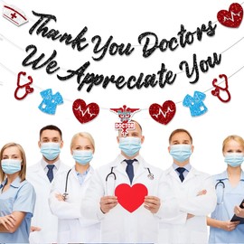 FHGG Thank You Doctors Day Decorations Banner Party Glitter Black We Appreciate You Doctor Appreciation Week National Doctor's Day Happy Day for National Home Office School Hospital Décor