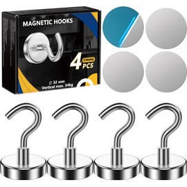 AOLLEN Pack of 4 32 mm Magnetic Hooks, Extra Strong Holds 34 kg, Magnetic Hook with 4 Metal Discs, Magnetic Hooks for Camping, Kitchen, Grill, Key Holder, Magnetic Towel Holder