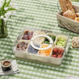 FEIOOD Patent Design Ribbed Snackle Box Container Snack Container Divided Serving Tray with Lid and Handle, 8 Divider Portable Snacklebox for Travel Beach for Charcuterie Veggie Fruit Candy,1 Pack