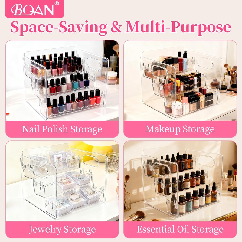 BQAN 3-Tier Clear Acrylic Nail Polish Organizer Rack with Built-in
