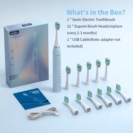 SEJOY Sonic Electric Toothbrush Rechargeable W/ 12 Brush Heads Power Toothbrush