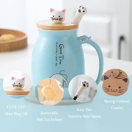 BigNoseDeer - Taza de té con forma de gato kawaii, regalos azules para mujeres, regalos de Navidad, taza de café de cerámica azul claro, taza de té con infusor y tapa, posavasos, decoración azul, regalos para gatos, tazas de Navidad, 13 onzas