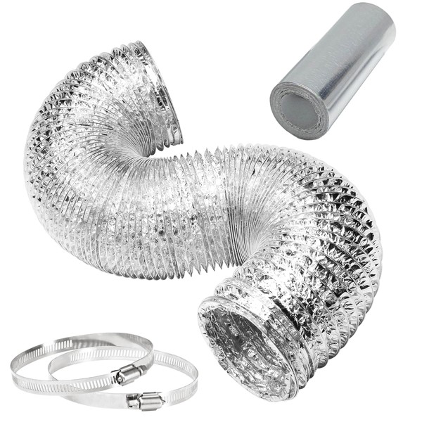 iPower 1-Pack 4 Inch 8 Feet Non-Insulated Flex Air Aluminum Ducting Dryer Vent Hose for HVAC Heating Cooling Ventilation and Exhaust, 2 Clamps Included, 4 in 8ft, Silver