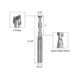 sourcing map Spiral CNC Router Bit 3/16" Diameter 1/4" Shank Up Cut 2 Flutes Solid Carbide End Mill Milling Bits with 1" Cut Length for Wood Plastic Soft Metal Aluminum