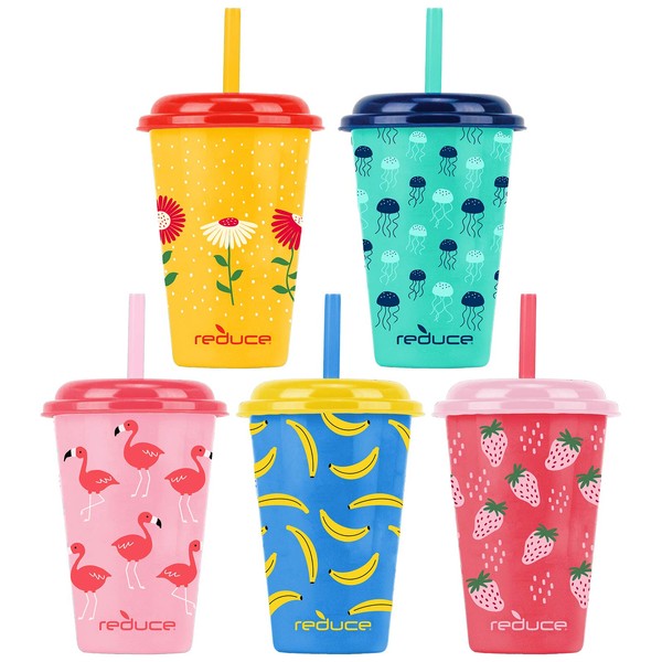 Reduce GoGo's – 12 oz Kids Tumbler Set, 5 Pack – Plastic Kids Cups with Straws and Lids – Dishwasher Safe, BPA Free – An Ideal Kids Smoothie Cup – Mix and Match, 5 Fun Designs, Sweet