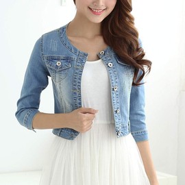 Women's Short Denim Jacket Round Neck Denim Three Quarter Sleeves Light Blue Jacket (Light blue, M)