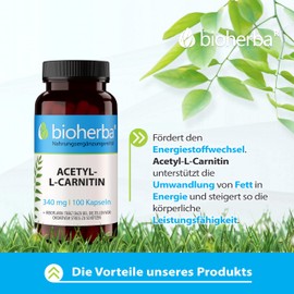 Acetyl-L-Carnitin – 340 mg pro Kapsel – 100 Kapseln für optimale Energie kognitive Unterstützung und Wohlbefinden von BIOHERBA