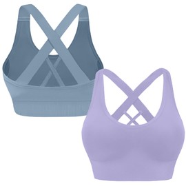 HANERDUN Women's Mittle Support Sports Bra Crossback Push Up Yoga Bra Seamless Without Underwire with Removable Padded for Fitness Running Jogging, 2 Pieces (Light Purple+Blue 1)