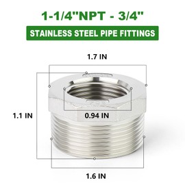 TAISHER 2PCS 304 Stainless Steel Reducer Hex Bushing, 1-1/4" NPT Male x 3/4" NPT Female, Reducing Pipe Adapter Fitting
