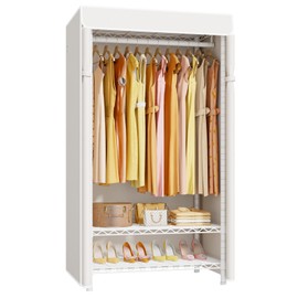 ULIFHOME H5C Clothes Rack with Cover, Portable Closet for Hanging Clothes, Covered Clothing Racks Heavy Duty, Freestanding Garment Racks with Shelves Max Load 360LBS White Closet Rack with White Cover