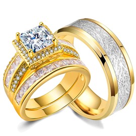 CEJUG 18K Gold Plated Wedding Bands Sets for Him and Her Wedding Rings Engagement Ring Bridal Ring Women Matching Men's CZ Titanium Band 9&8