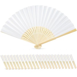 24 Pcs White Paper Fans Handheld Bamboo Folding Fans DIY Blank Painting Fan for Wedding Party Home Decoration Festival Gift (White)