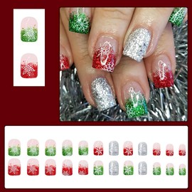 24Pcs Snowflake Press on Nails Short Square Fake Nails Green Red Glitter French Tip Acrylic Nails Christmas False Nails Silver Full Cover Glue on Nails Winter Artificial Nails for Women DIY Manicure