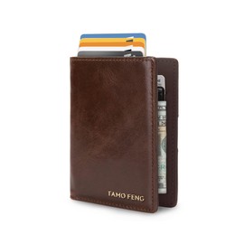 TAMO FENG Small Leather Wallet for Men Slim Minimalist, Front Pocket Bifold Wallets for Men with ID Window, Thin Mens Wallets Leather RFID Blocking, Leather Gifts for Men(Retro, Brown)