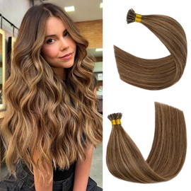 Rich Choices 100 Strands/Pack Pre Bonded I Tip Remy Human Hair Extensions Cold Fusion Hair Piece Keratin Stick In Hair Extensions Long Straight For Women 22 Inches #4P27 Medium Brown&Dark Blonde 50g