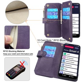 Lacass Case for Jitterbug Smart4,[Cards Theft Scan Protection] Card Holder Zipper Wallet Case Flip Leather Cover for Jitterbug Smart 4 (2023) for Seniors (aka Lively Smart) (Floral Dark Purple)