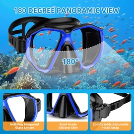 Honlanor Snorkel Set, Snorkel Dry Top Snorkeling Gear for Adult, Panoramic View Anti-Fog Mask, Dry Top Snorkel and Gear Bag, Man Woman Snorkel Gear for Swimming Training Snorkeling Diving, Blue