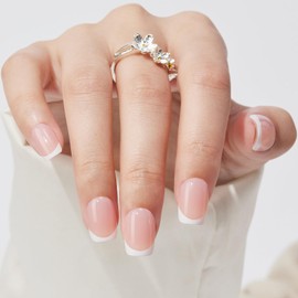 NGOZI French Tip Press On Nails - Short Soft Gel Nails, Medium Glue On Nails, Press Ons, Reusable Stick On Nails in 16 Sizes - 32 Fake Nails Kit, White Pink