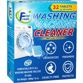 FizzFresh Washing Machine Cleaner Tablets 32-Pack - Deep Cleaner Descaler for Front Load or Top Load Washer - Clean Inside Drum, Tub seal & other Parts Descaler & septic safe