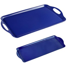 Calypso Basics by Reston Lloyd 2pc Melamine Tray Set, Rectangular Serving/Ottoman Tray with Handles and Matching Small Tidbit Tray, Food Safe/BPA Free, Indigo