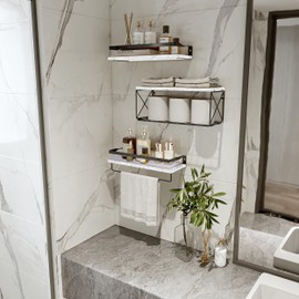 Hoiicco Bathroom Shelves with Wire Storage Basket, Farmhouse Wood Floating Shelves Over Toilet with Protective Metal Guardrail, Wall Shelves for Bedroom, Living Room, Kitchen and Bathroom Toilet Paper