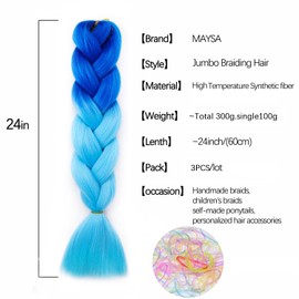 Navy Blue Braiding Hair Pre stretched, 24in 3Packs Jumbo Braiding Hair, Blue Ombre Braiding Hair Extensions #Navy Blue-Light Blue
