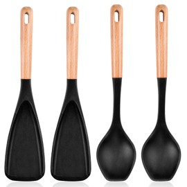 Aemygo 4 Pcs Large Silicone Cooking Spoons, 12 Inch Nonstick Cooking Spoons for Serving, Heat Resistant Serving Spoon Spatula with Wood Handle for Mixing, Scoop, Basting and Scrape