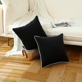 LIGICKY Set of 2 Black Velvet Throw Pillow Covers Modern Minimalist Style Solid Decorative White Rope Edging Soft Square Cushion Cases for Sofa Bedroom Party Décor, 18 x 18 inch