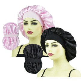 Silk Bonnet for Sleeping Women, 2 PCS Double Layer Satin Bonnet for Curly Hair Long Hair, Wide Band Silk Lined Sleep Caps