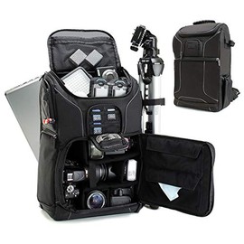 USA Gear Digital Camera Backpack DSLR Photo Bag with Comfort Design, Waterproof Cover, Laptop Storage, Tripod Holder, Adjustable Lens Storage - Compatible with Full-Sized Digital Cameras - Black