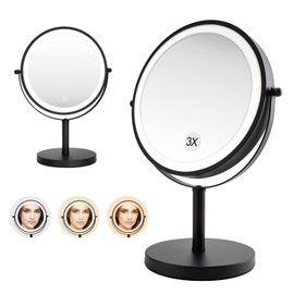 PINCHENG Cosmetic Mirror, LED Tricolor Illumination, Battery Operated, 1X/3X Magnification, with Touch Sensitive Buttons, Multifunction Bathroom Cosmetic Mirror