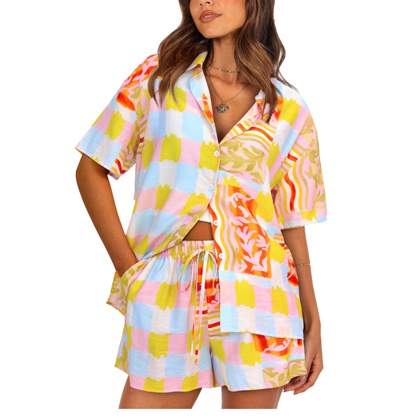 PRETTYGARDEN Women Summer 2 Piece Beach Outfits Printed Short Sleeve