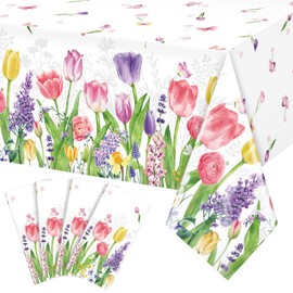 4 Pack Spring Summer Lavender Tulip Plastic Tablecloth, Blooming Floral Disposable Table Cloth, Watercolor Seasonal Holiday Table Cover for Easter Picnic Spring Summer Party Decorations, 137x 274cm