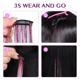 IDN BEAUTY Hair Tinsel Clip in, 6pcs Pink Sparkling Tinsel Hair Extensions 3s Wear and Go for Party Daily Travel Birthday, 24Inch Hair Accessories for Girls Women Kids