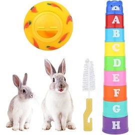 Taicols 9pcs Stack Up Bunny Cups with 1pc Treat Ball, Colored Bunny Stacking Cups with Cleaning Brush Bunny Toys Food Dispenser for Rabbits Plastic Nesting Toys Cups for Pets.