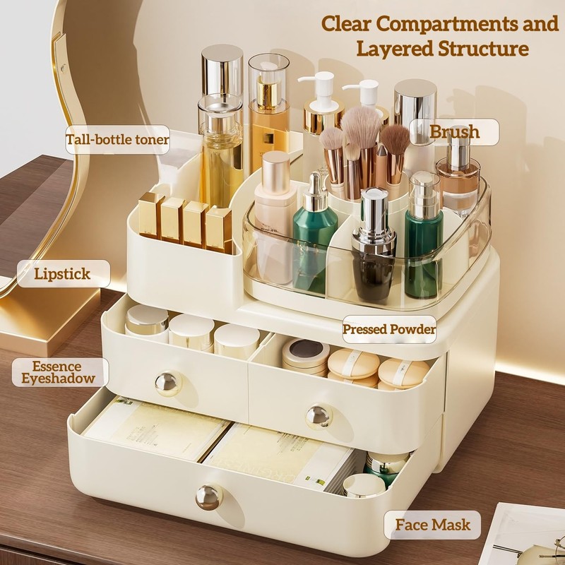 Makeup Organizer with Drawers and 360° Rotating Brush Holder,make up
