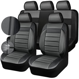 CAR PASS Leather Seat Covers Full Set Universal Water Resistant 3D Foam Back Support, Luxury Comfort Automotive 5 Seat Covers All Season Fit for SUV,Sedan,Van, Airbag Compatible Elegance(Gray Black)
