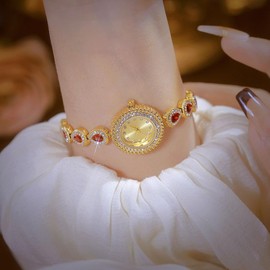 ADSBIAOYE Watches for Women Luxury Ladies Colorful Crystal Bracelet Chain Watches Diamond Dial Waterproof Fashion Dress Quartz Watch (Gold-Red)