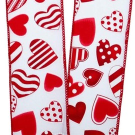 2 1/2" X 10 Yards Red Hearts On White Wired Ribbon - Red/White - Roll 1