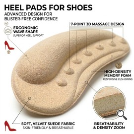 4D Heel Pads for Shoes that are Too Big, Heel Grips & Cushion Inserts for Women and Men, Non-Slip Heel Protectors to Prevent Blisters, Heel Slipping, Friction and Pain (6 Pairs, Beige/Black)