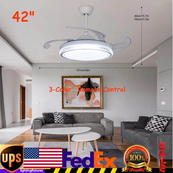 42" 36W Ceiling Fan Light 3-Color Retractable Blades Fan Lamp