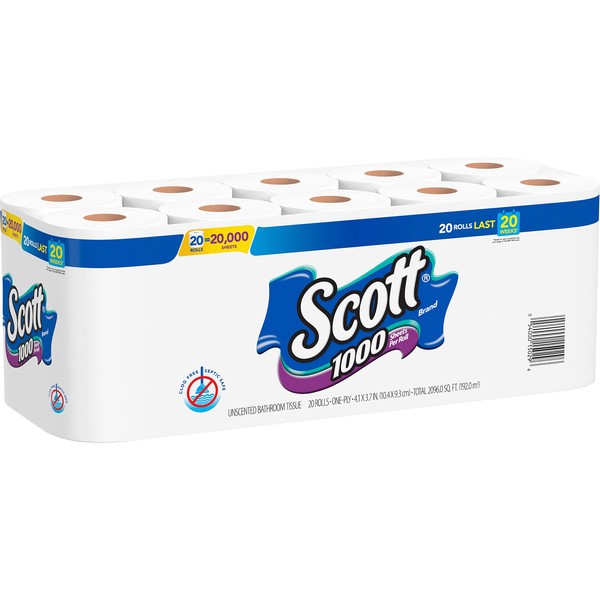 Scott Toilet Paper/Bath Bathroom Tissue, 1000 Count (Pack of 20), White 20