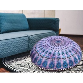 My Dream Carts 32 Inch Floor Cushion “Cover Only” Cushions Covers Pouf Cases Round Boho Mandala Bedroom Throw Pillows Bohemian Purple Tie Dye Meditation Pillow (32” Pillow Cover Only, Without Filler)