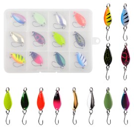 Trout Spoons Fishing Lure Kits-12pcs Mini Fishing Spoon Lures Single Hook Hard Metal Spinner Baits Jigging Trolling Casting Fishing Spoon Lures for Trout Bass Crappie Char Walleye Perch (Type C)