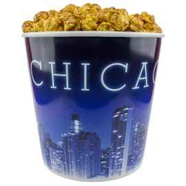 Signature Popcorn – Gourmet 1-Gallon Blue Chicago Skyline Reusable Plastic Bucket Tin, Caramel Popcorn - Holiday, Party & Corporate Gift