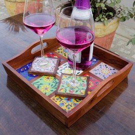 Craft Trade Mango Wood Serving Tray with Handle and 9 Fitted Floral Ceramic Tiles Wooden Platters Perfect for Breakfast Tea Coffee Snacks Dinner 30x30x8 cm Square