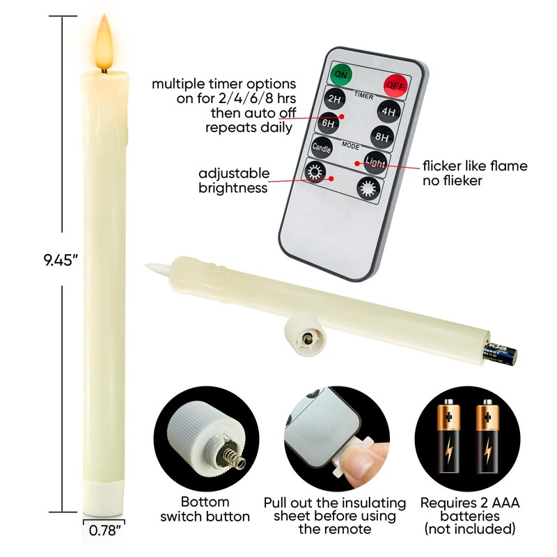 Homemory 6 PCS Real Wax Flameless Taper Candles with Remote,